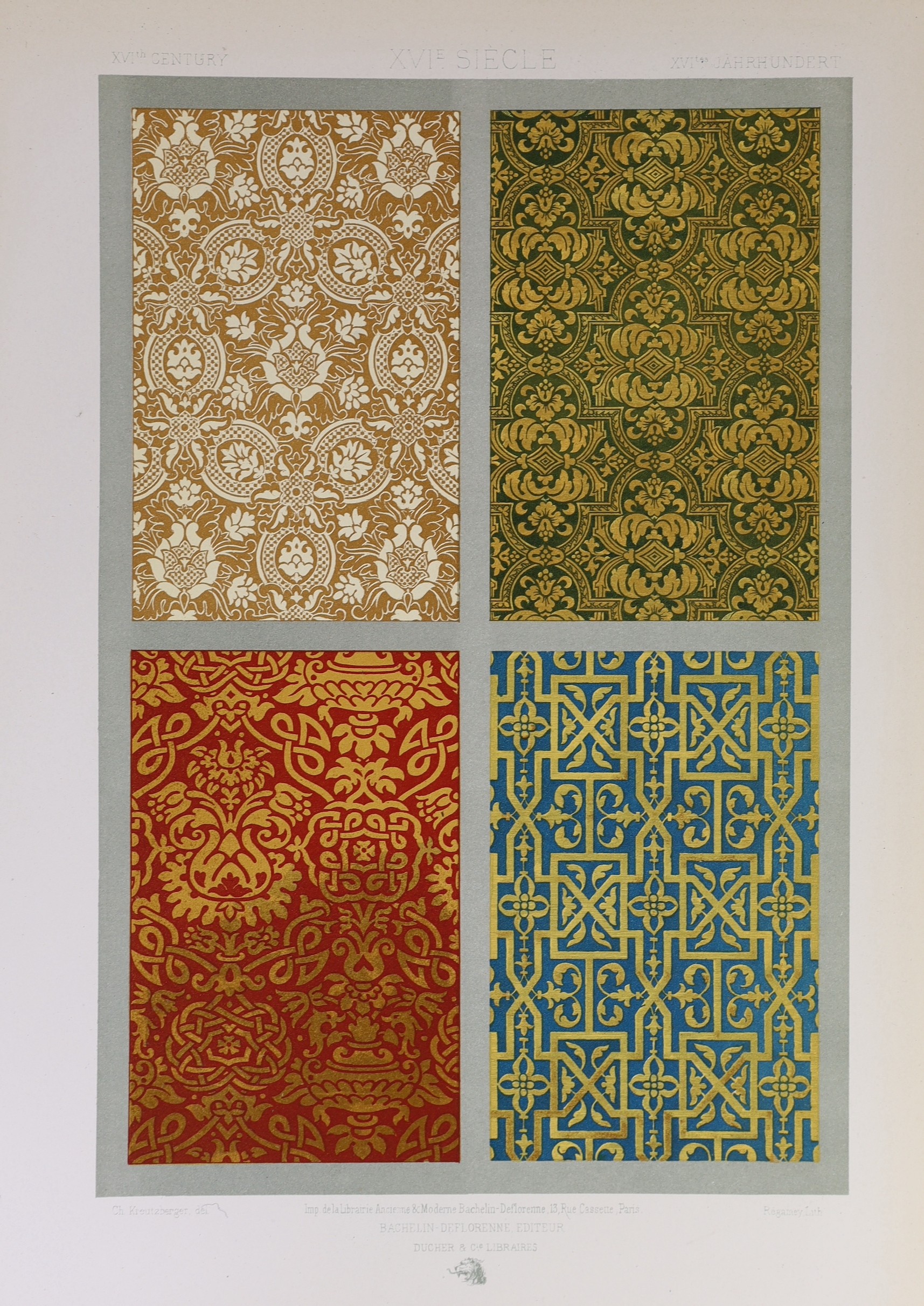 Ewald, Ernst - Farbige Decorationem alter und Neuer Zeit, 2 vols, folio, with 160 coloured plates loose in printed boards, Berlin, 1887-96 and Dupont-Auberville, M - Sammlung Decorationen Stickereien und Stoffmustern, fo
